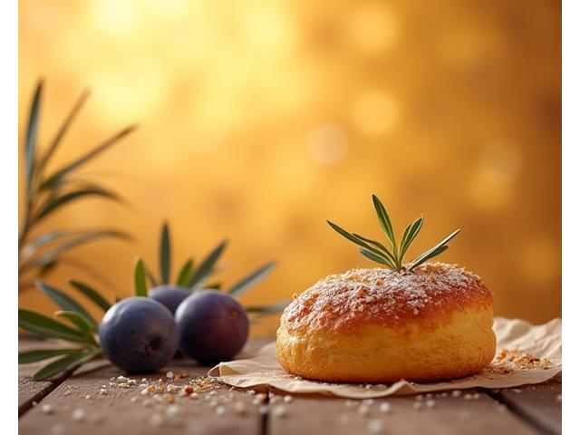 Teaser d'une pâtisserie méditerranéenne, avec figues, huile d'olive et herbes, aux tons chauds.